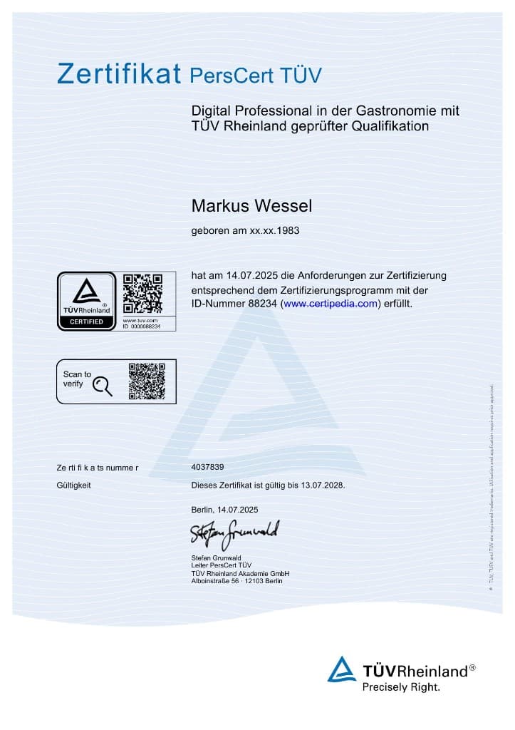PersCert TÜV Rheinland für Digital Professional in der Gastronomie